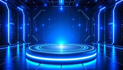 Futuristic room featuring striking blue lights and a modern design creating a sci-fi ambiance for showcase