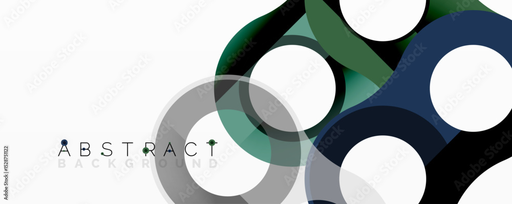 Poster Abstract background features overlapping circles, squares. Colors include blue, green, gray, white. Modern design element.