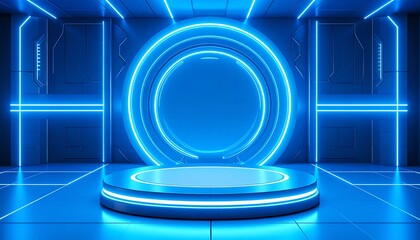 Unique blue room featuring a round mirror creating a captivating sci-fi atmosphere for visual showcase