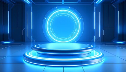 Futuristic room with circular glowing light ideal for product displays in a sci-fi inspired environment