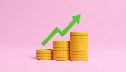 Stacks of coins with green upward arrow on pink background representing financial growth and success concept
