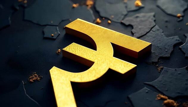 A bold golden rupee currency symbol embossed against a dark textured surface, representing economic strength, Indian finance identity, and monetary policy themes.
