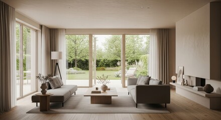 Spacious modern living room design with garden view neutral colors and minimalist aesthetic
