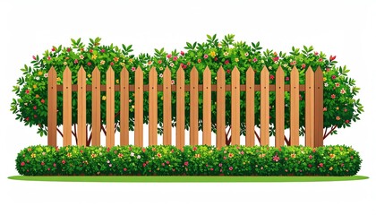 Peaceful tropical garden surrounded by a charming wooden fence with vibrant flowers and lush greenery in focus