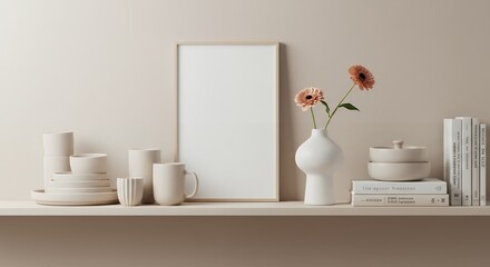 Minimalist Beige and White Kitchen Shelf with Wooden Utensils