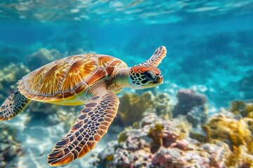 Obraz premium Turtle gracefully swimming through crystal clear ocean waters near vibrant coral reefs, turtle swimming in the ocean