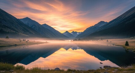 Sunrise or sunset over mountain lake reflection in water picturesque natural landscape