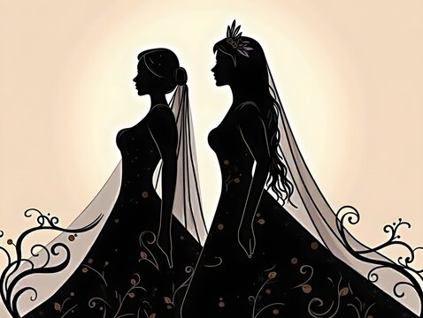 Elegant Wedding Couple Silhouettes in Ornate Attire