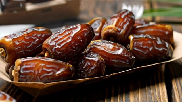 Sweet Dried Medjool Dates in a Tray on a Wooden Surface