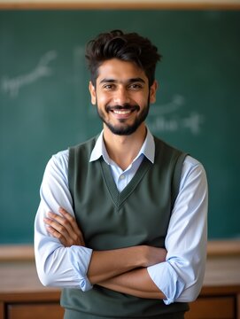 Confident Young Male Pakistani School Teacher in Classroom, Chalkboard Background, Educational Setting