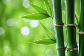 Bamboo leaves contrast against a blurred green background in a natural setting, Bamboo leaves, Green leaf on blurred greenery background