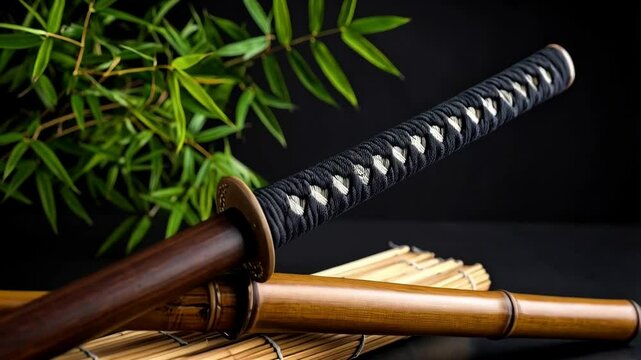 Katana sword and bamboo resting on a bamboo mat against a dark background for martial arts or historical themed content.