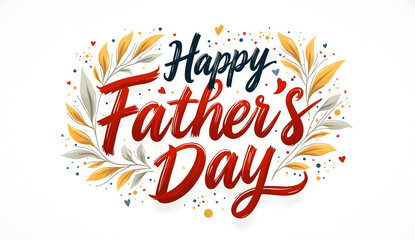 Obraz premium Elegant Happy Father’s Day typography with floral wreath, soft colors, and heart accents. Perfect for greeting cards, posters, social media, and celebration graphics. Warm, festive, and stylish