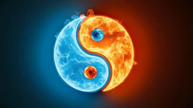 Yin Yang symbol split between fire and ice textures, representing balance of opposing forces. Conceptual 3D render with intense contrast, metaphor for energy duality and equilibrium.