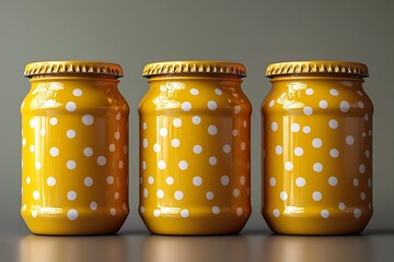 Yellow glass jar mockup with polka dots and golden lids

