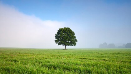 Obraz premium solitary tree in summer fog and mist on the field