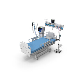 Modern ICU Hospital Bed with Ventilator and Monitoring Equipment Isolated on Transparent Background