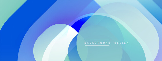 Abstract blue layers create dynamic visual flow. Soft gradients, circular shapes, modern design elements present. Minimalist aesthetic.