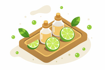 wooden tray with aroma bottles and citrus slices