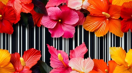Obraz premium A vibrant bouquet of hibiscus, bird of paradise, and anthurium over bold black and white vertical stripes. Dramatic contrast, glossy petals, studio lighting with sharp shadows.