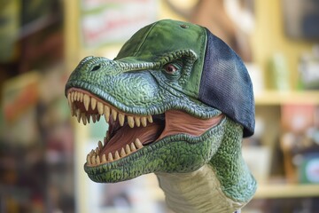 Dinosaur cap displayed in a souvenir shop featuring a lifelike T Rex bust with a baseball cap, Dinosaur Cap Picked Up At Gift Shop