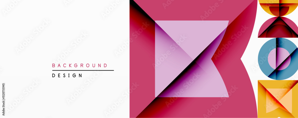 Poster abstract geometric composition. pink, purple hues dominate design. overlapping triangles, squares cr