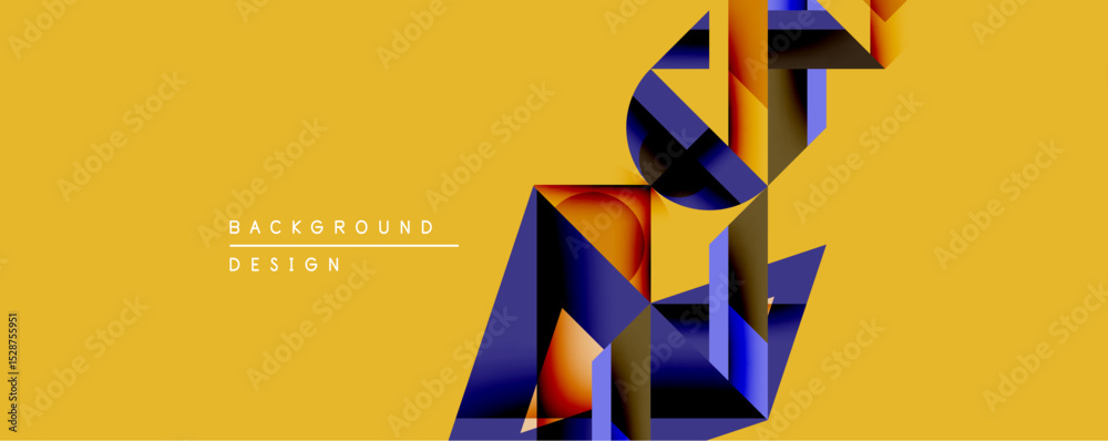Aufkleber Abstract geometric composition. Overlapping shapes create depth, using blue, orange hues against yellow backdrop. Modern design element for digital projects.