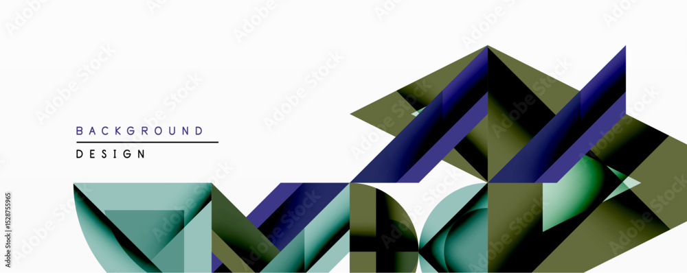 Poster Abstract geometric composition. Overlapping shapes create depth, using gradients of blue, green, gray. Minimalist design suitable for backgrounds, presentations. Modern aesthetic.