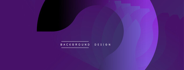 Abstract purple layers create dynamic background. Smooth curves, gradients suggest modern design elements. Minimalist text present.