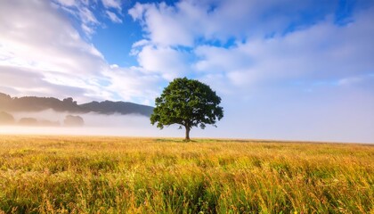 Fototapeta premium solitary tree in summer fog and mist on the field