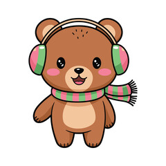 Cute cartoon bear wearing earmuffs and scarf vector illustration isolated on white background