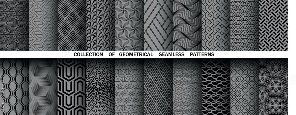 Poster Geometric set of seamless black and gray patterns. Simple vector graphics