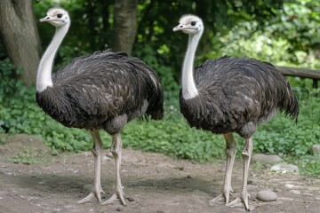 Male and female African ostriches standing side by side in their natural habitat during daylight hours, African ostrich male and female