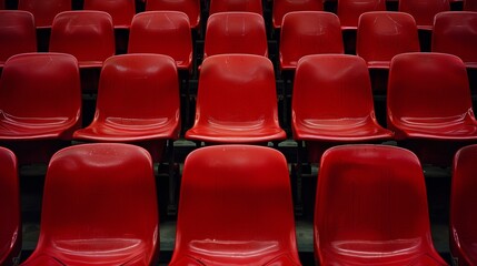 Naklejka premium Empty rows of red stadium seats awaiting upcoming sports events and concerts in the arena
