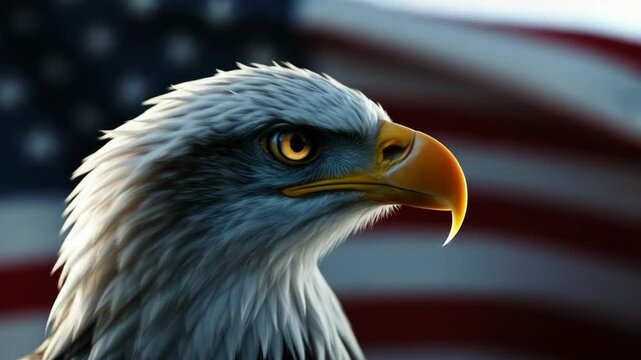 Closeup profile of a majestic bald eagle against the american flag