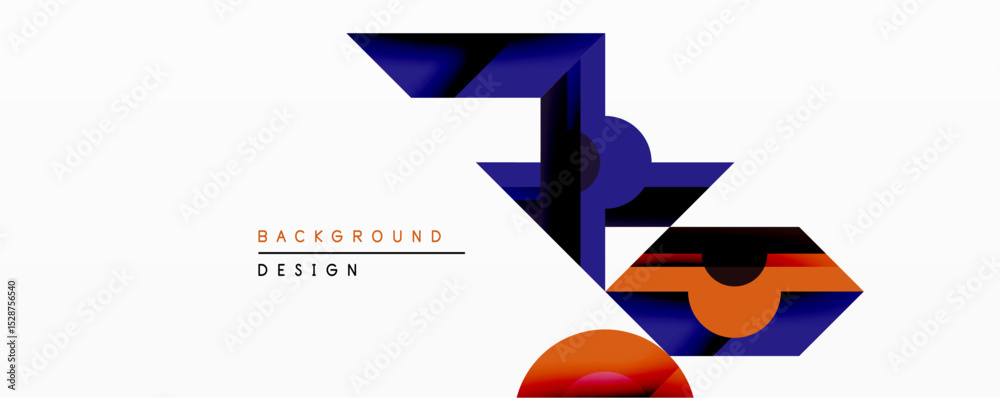 Poster abstract geometric design features overlapping shapes, vibrant orange, navy blue hues. minimalist co