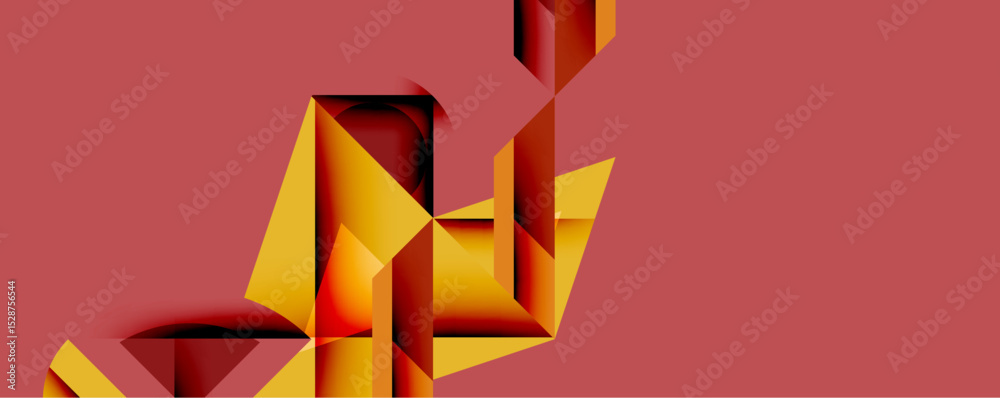 Poster Abstract geometric shapes dominate composition. Warm colorsyellows, oranges, redscreate dynamic visual interest against muted pink backdrop. Modern design, sharp angles, layered forms.