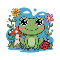 Cute cartoon frog with ladybug and mushroom vector illustration isolated on white background