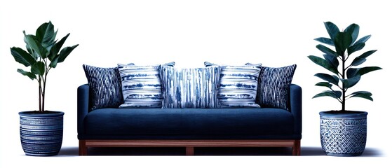 Blue couch with patterned pillows and plants