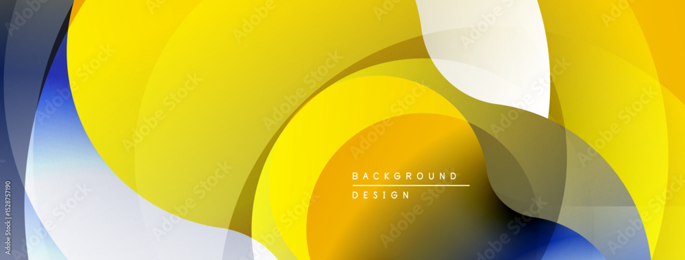Poster Abstract background features overlapping rounded shapes. Yellows, blues, grays create dynamic composition. Modern design element.