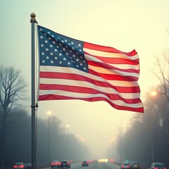 United States flag of stars and stripes waving in the blue sky, a patriotic symbol of American freedom