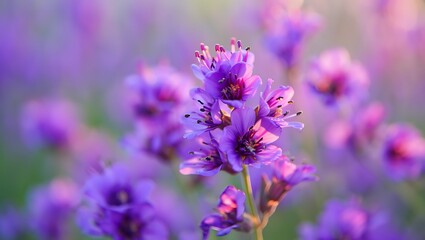 Fototapeta premium Close up image of vibrant purple flowers blooming in natural sunlight with soft focus