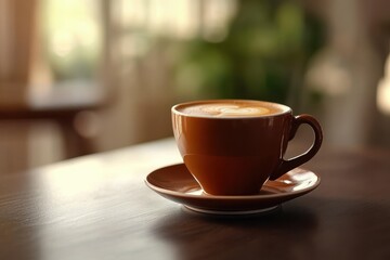 Fototapeta premium Luxurious brown coffee cup on saucer with blurred background in a cozy atmosphere, luxury brown cup coffee on saucer with blurred interior home Photo background