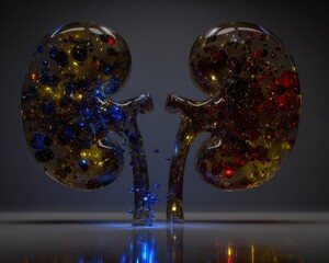 3D rendered kidneys, glowing with colored particles