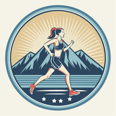 Fototapeta premium Retro-style badge vector design of marathon runner with mountain background and sunburst, with text 'Run for Glory