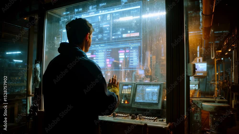 Poster industrial engineer monitors and controls a production line using a futuristic touchscreen interface