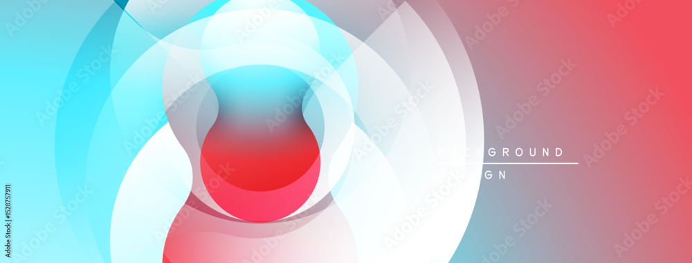 Poster Abstract design features overlapping circles. Colors blendred, blue, whitecreating dynamic visual effect. Smooth gradients dominate composition.