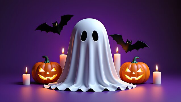 Spooky halloween scene featuring a friendly ghost pumpkins bats and glowing candles for your holiday.