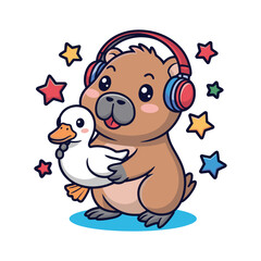 Cute capybara with headphones holding duck vector illustration isolated on white background