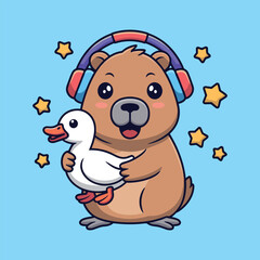 Cute capybara with headphones holding duck vector illustration isolated background